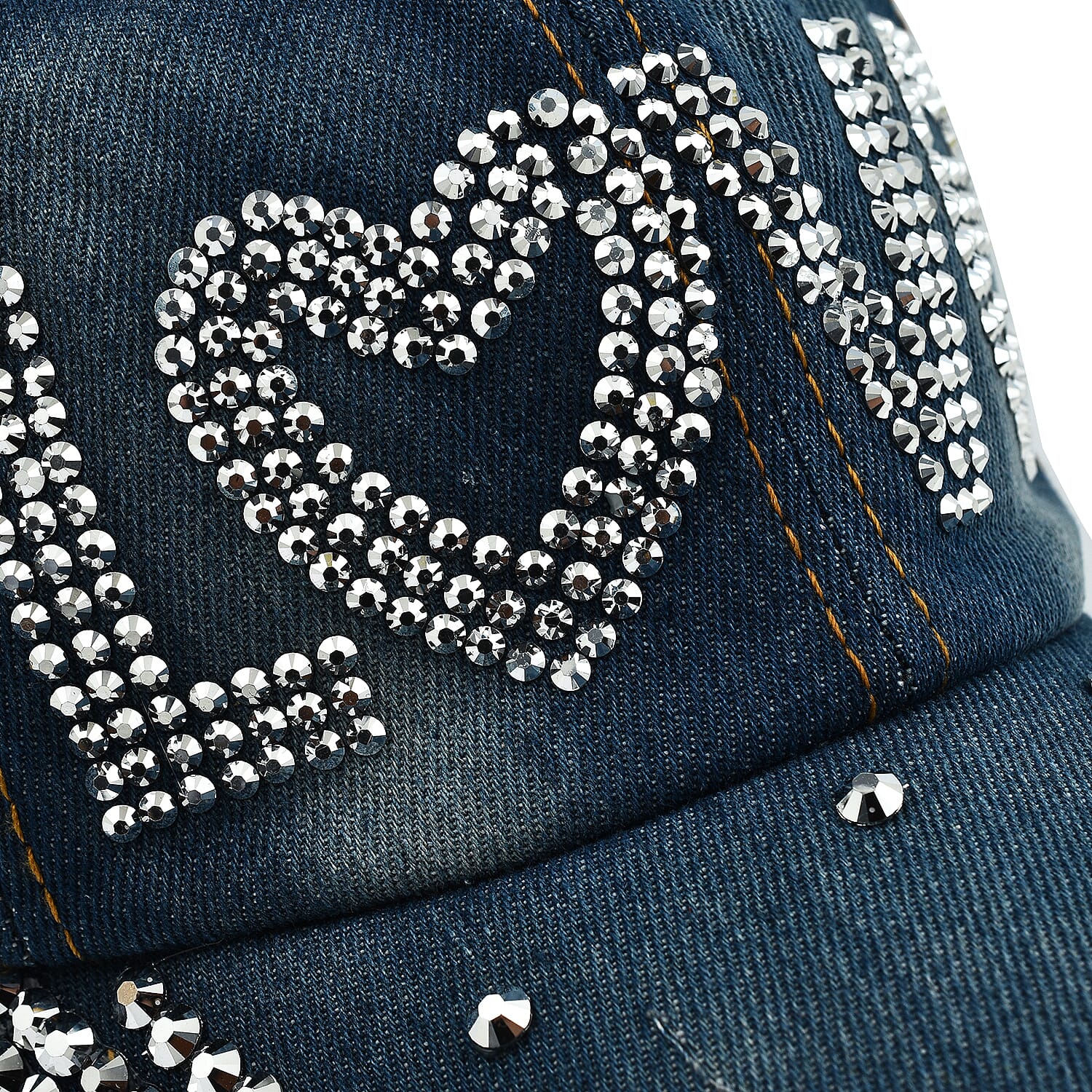 Denim Crystal Embroidered Studded Love Caption Cap (One Size)