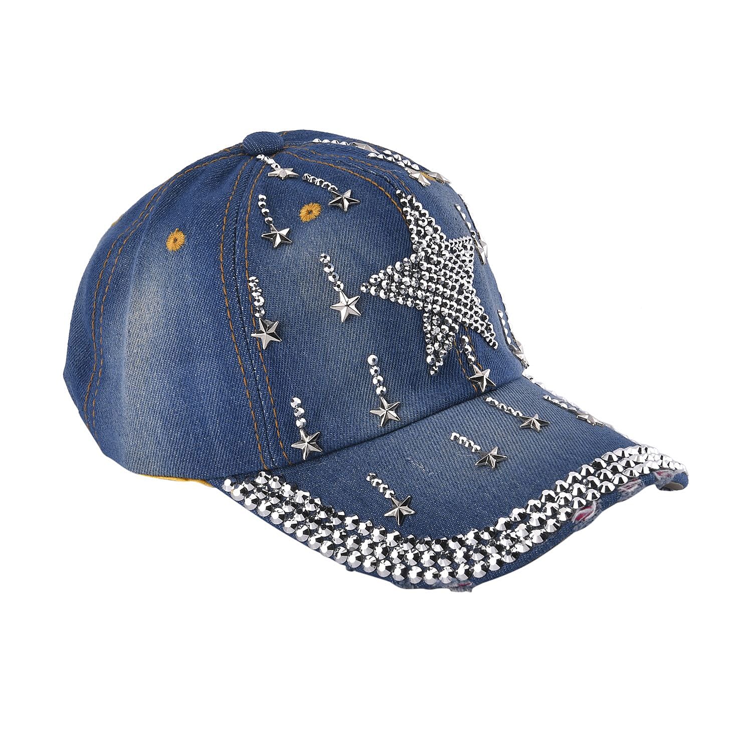 100% Cotton Denim Crystal Studded Embroidered Cap (One Size) - Star