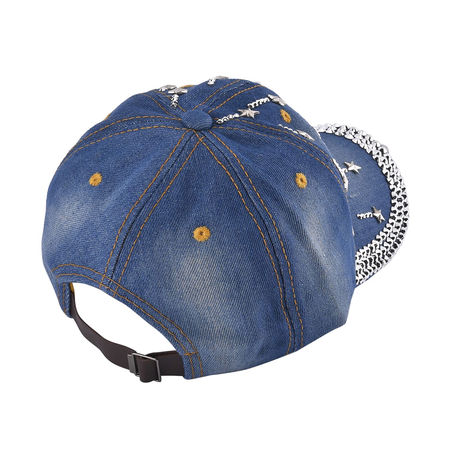 100% Cotton Denim Crystal Studded Embroidered Cap (One Size) - Star