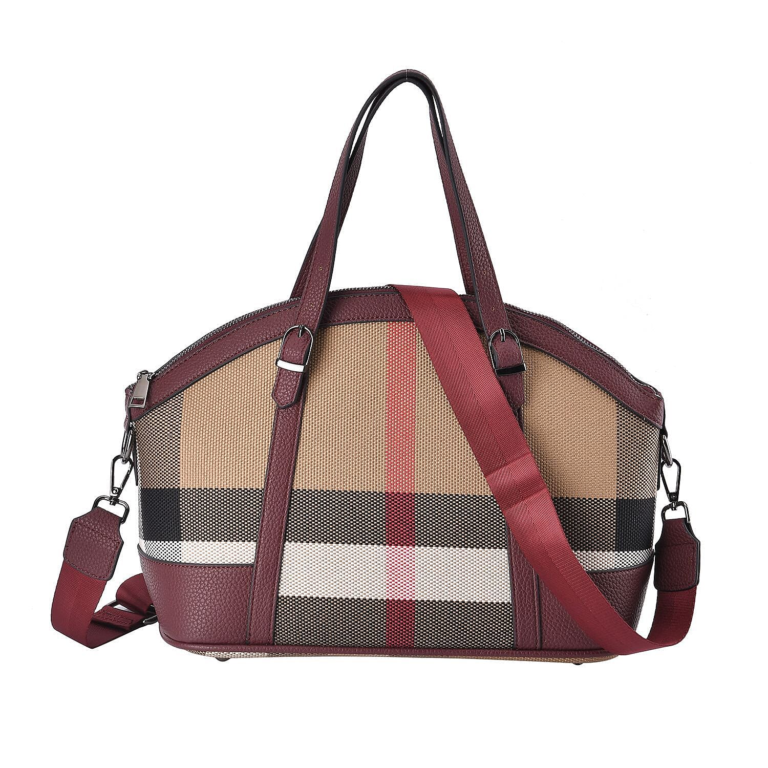 Plaid Pattern Medium Tote Bag with Detachable Shoulder Strap - Burgundy