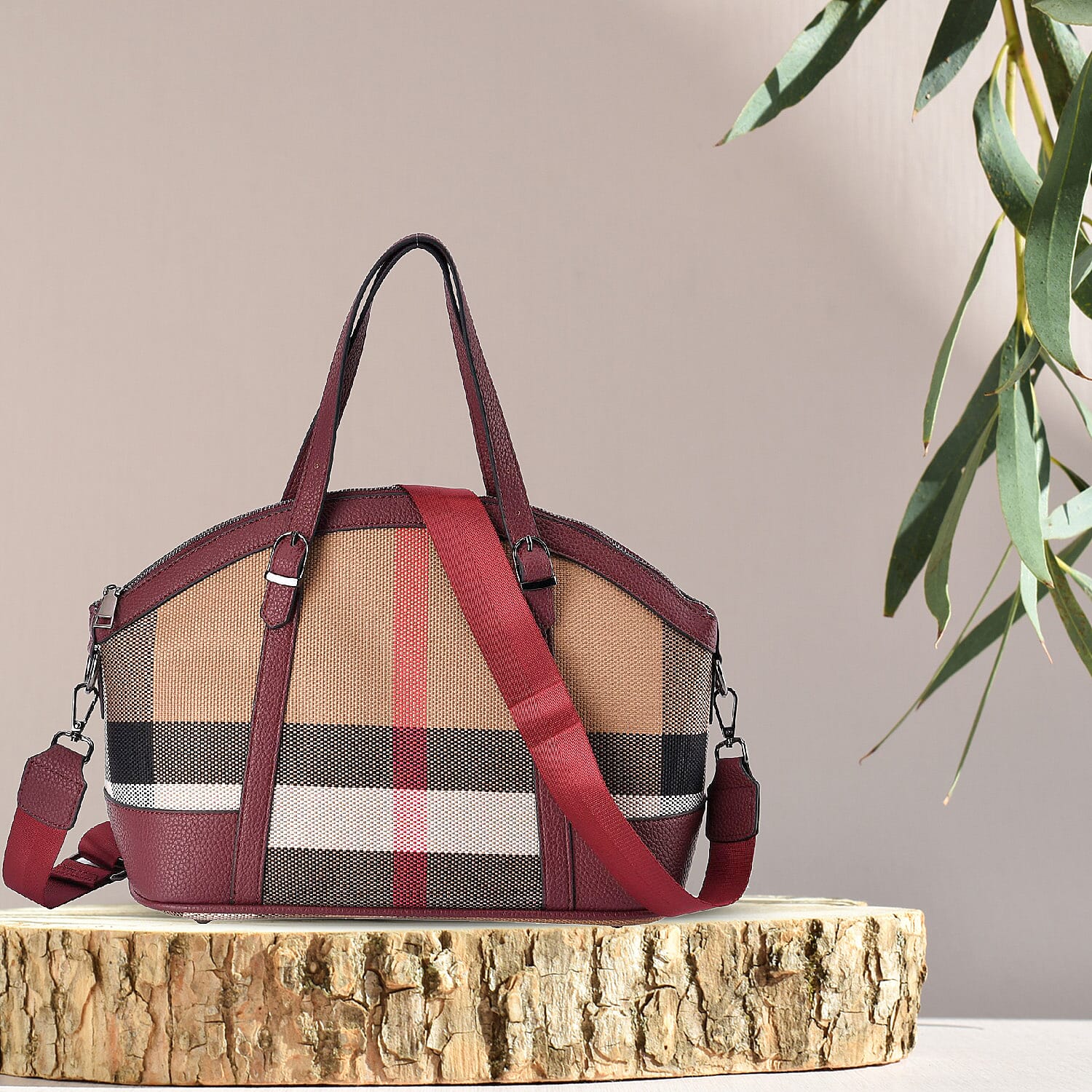 Plaid Pattern Medium Tote Bag with Detachable Shoulder Strap - Burgundy