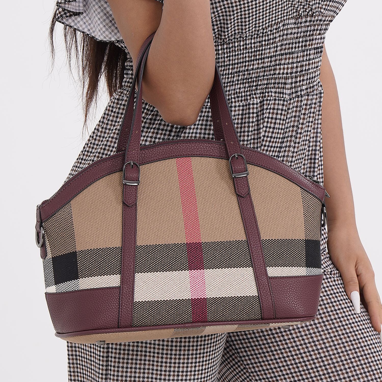 Plaid Pattern Medium Tote Bag with Detachable Shoulder Strap - Burgundy