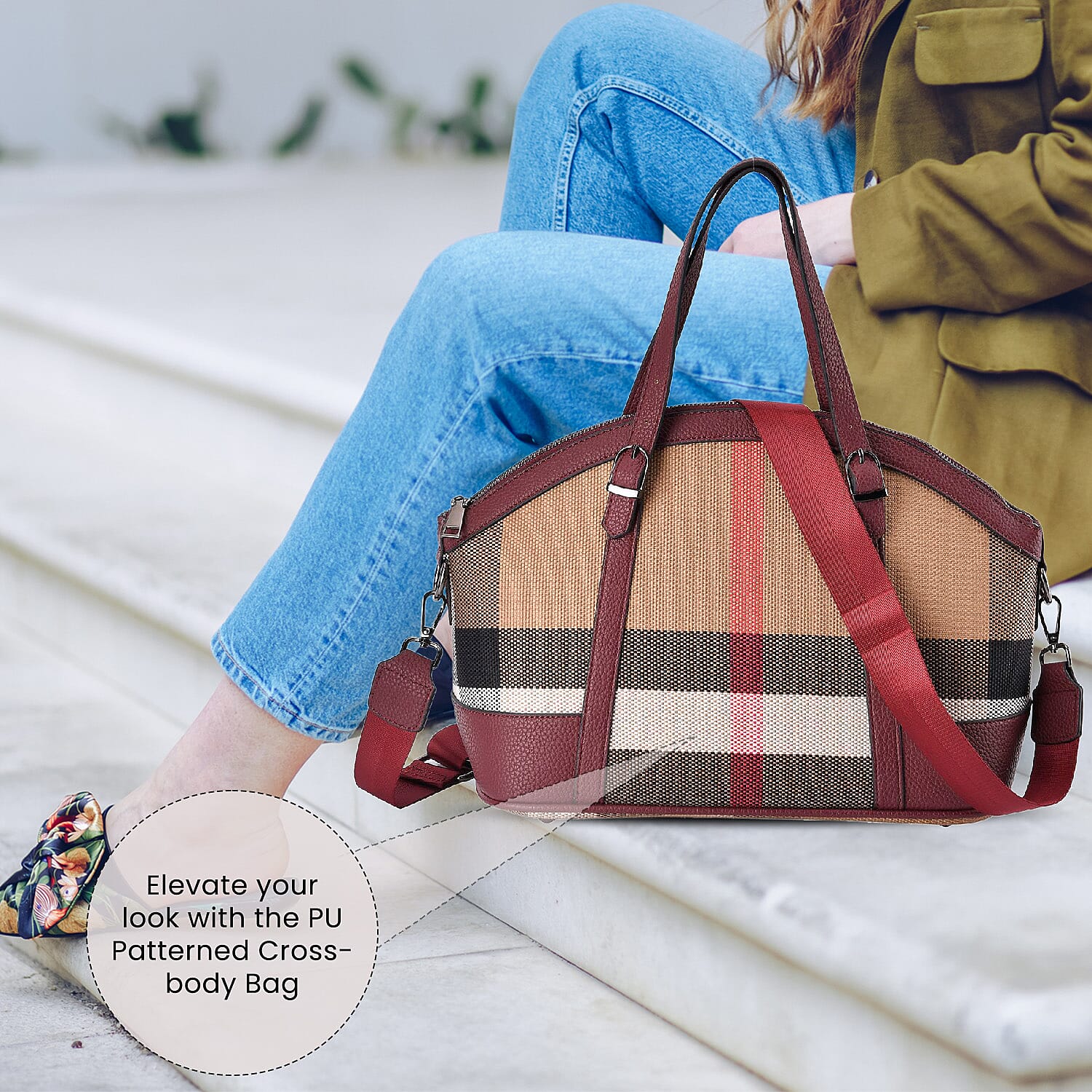 Plaid Pattern Medium Tote Bag with Detachable Shoulder Strap - Burgundy