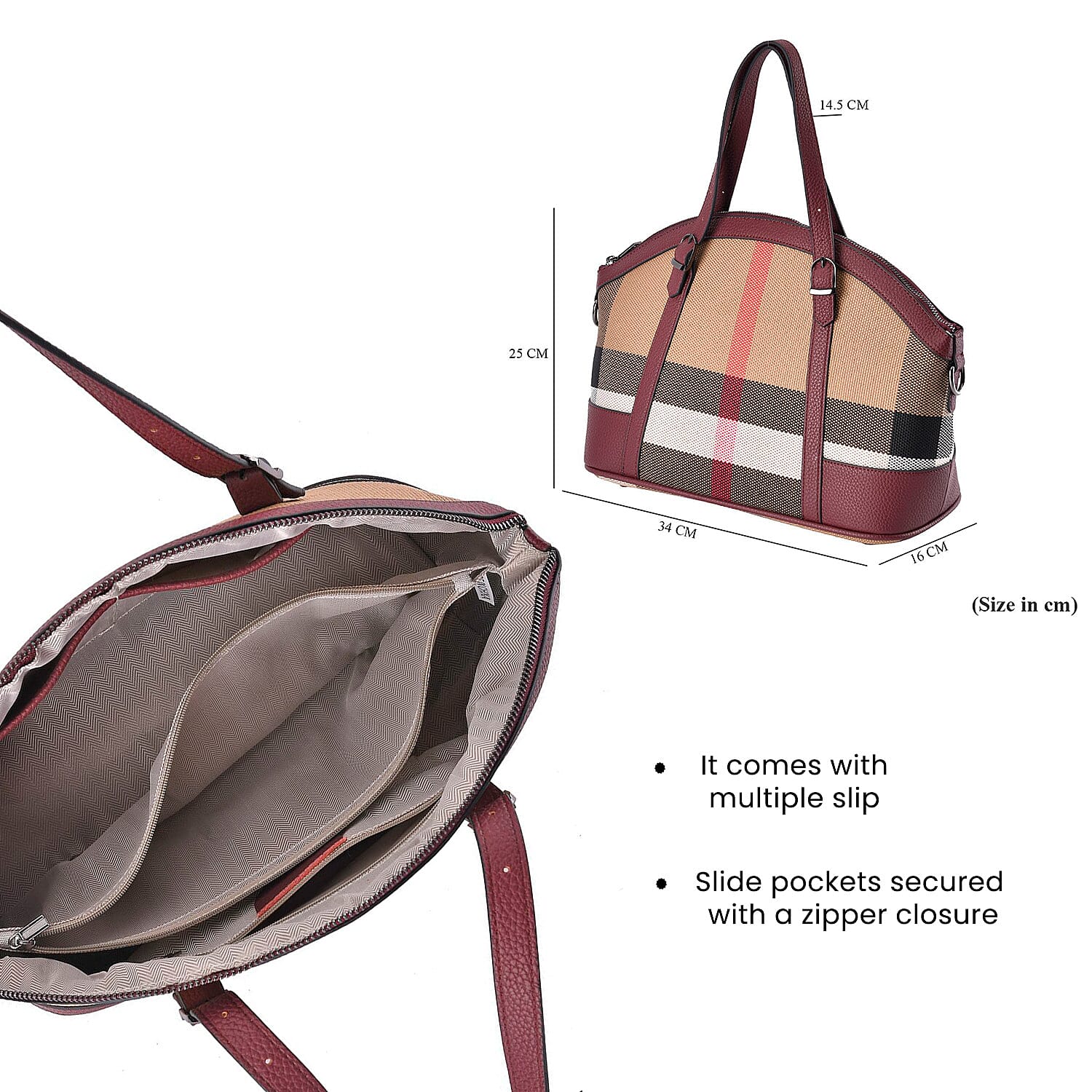 Plaid Pattern Medium Tote Bag with Detachable Shoulder Strap - Burgundy