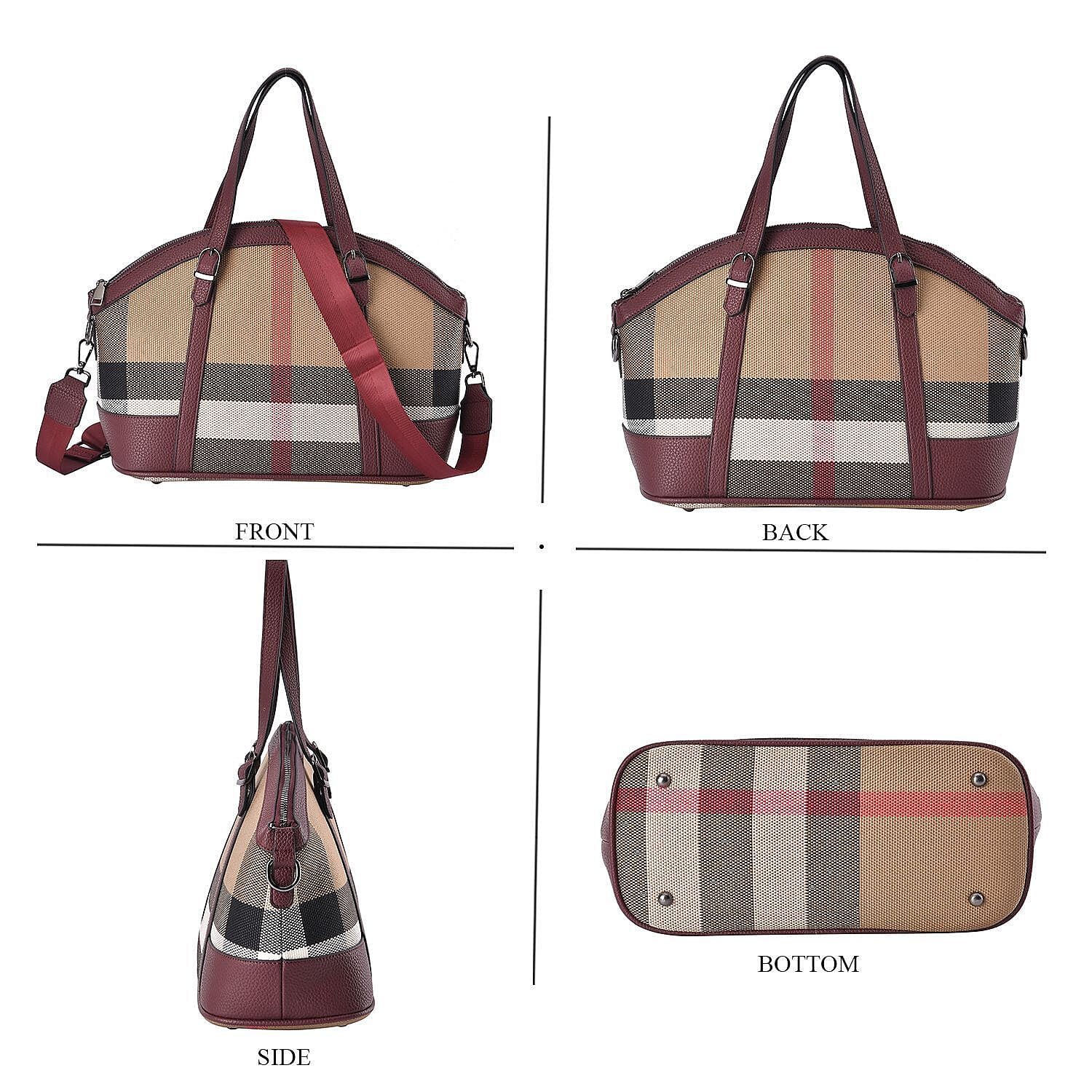 Plaid Pattern Medium Tote Bag with Detachable Shoulder Strap - Burgundy