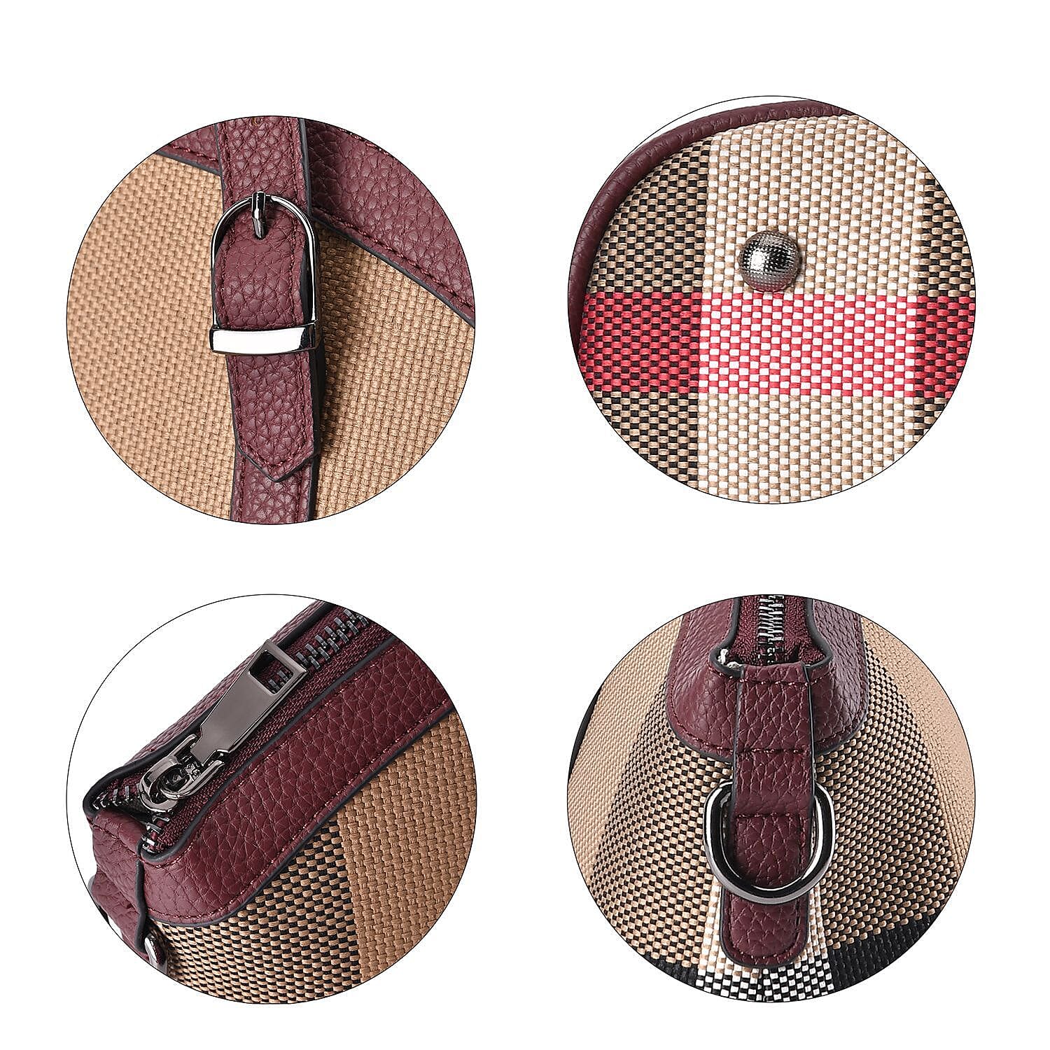 Plaid Pattern Medium Tote Bag with Detachable Shoulder Strap - Burgundy