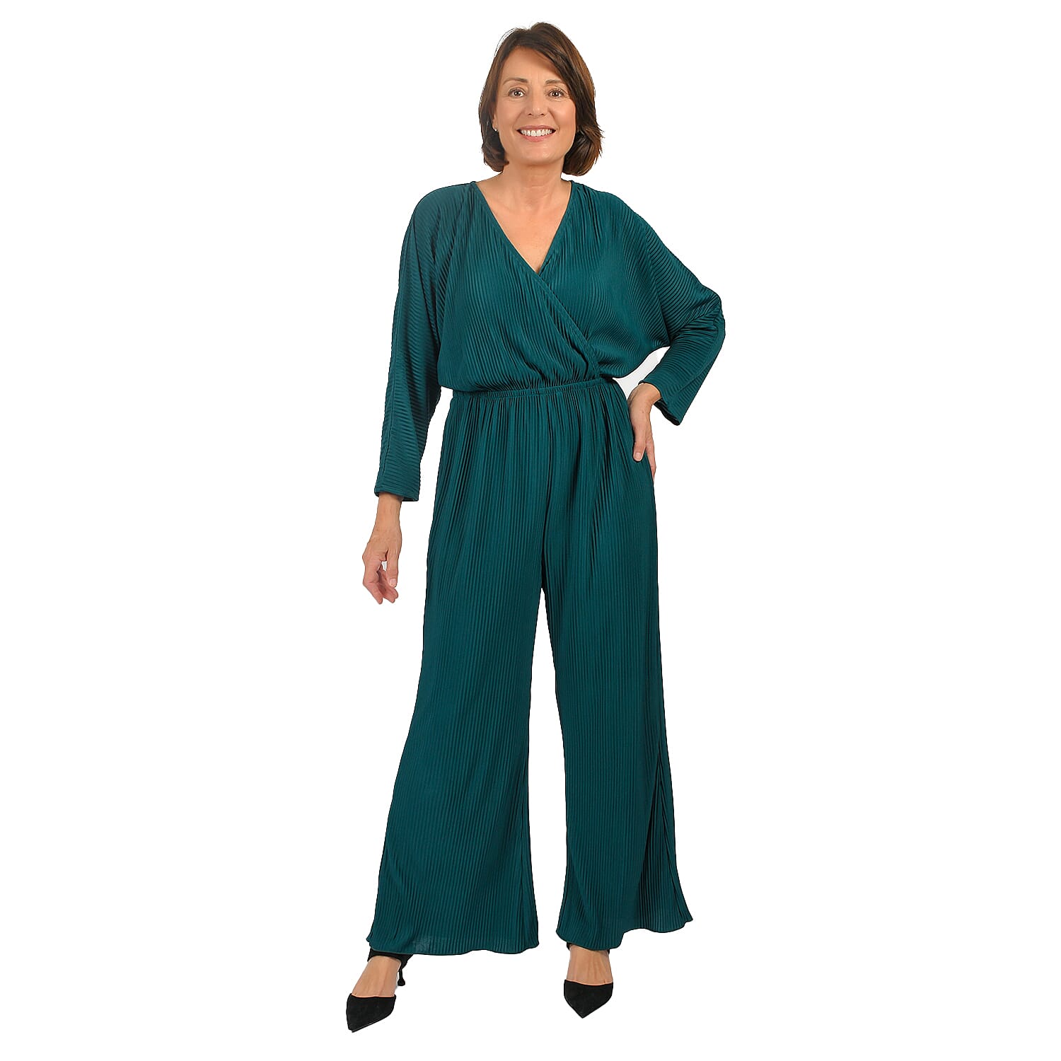 TAMSY Plisse Wrap Front Jumpsuit with Elasticated Waistband (Size-M) - Green