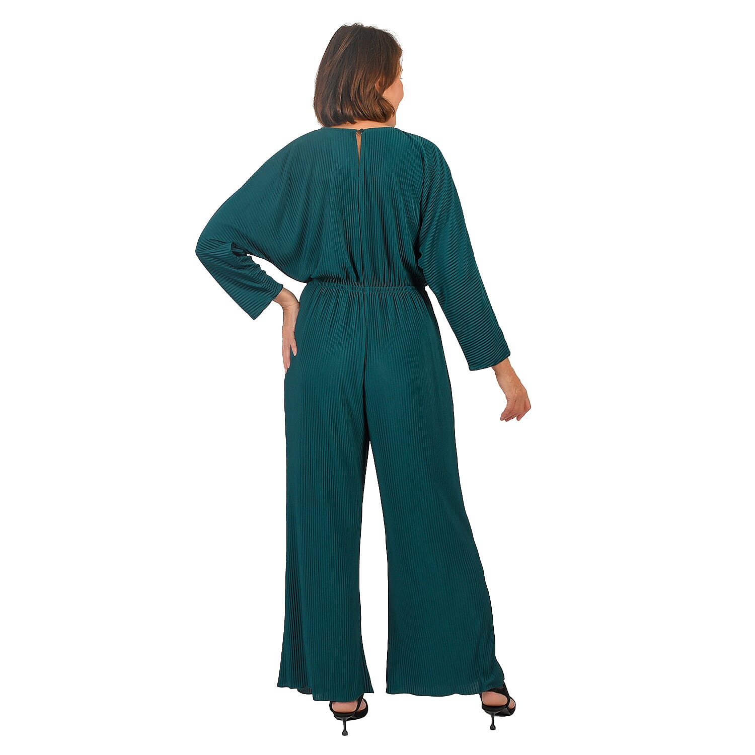 TAMSY Plisse Wrap Front Jumpsuit with Elasticated Waistband (Size-M) - Green