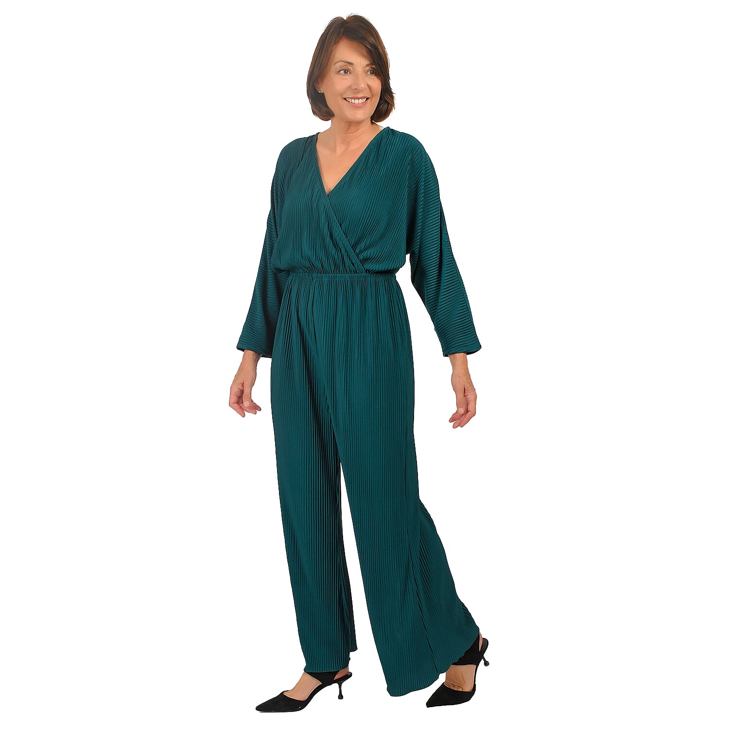 TAMSY Plisse Wrap Front Jumpsuit with Elasticated Waistband (Size-M) - Green