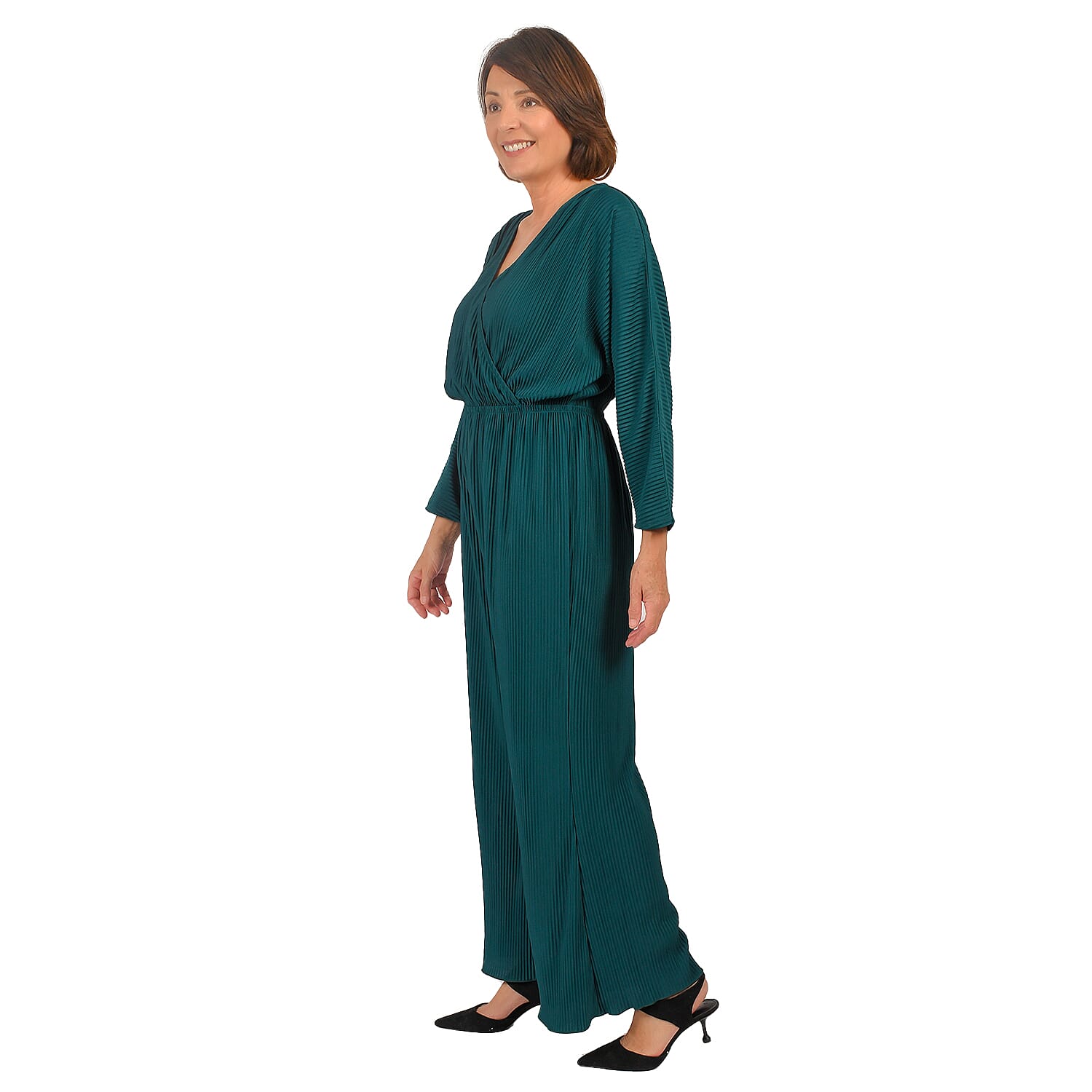 TAMSY Plisse Wrap Front Jumpsuit with Elasticated Waistband (Size-M) - Green