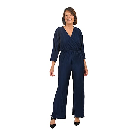 TAMSY Plisse Wrap Front Jumpsuit with Elasticated Waistband (Size-S) - Navy