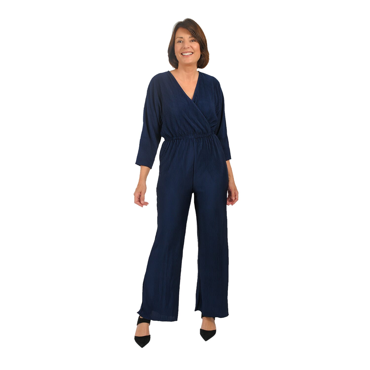 TAMSY Plisse Wrap Front Jumpsuit with Elasticated Waistband (Size-L) - Navy