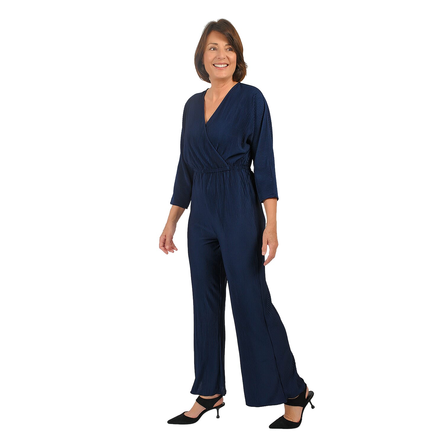 TAMSY Plisse Wrap Front Jumpsuit with Elasticated Waistband (Size-L) - Navy