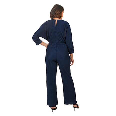 TAMSY Plisse Wrap Front Jumpsuit with Elasticated Waistband (Size-XXL) - Navy
