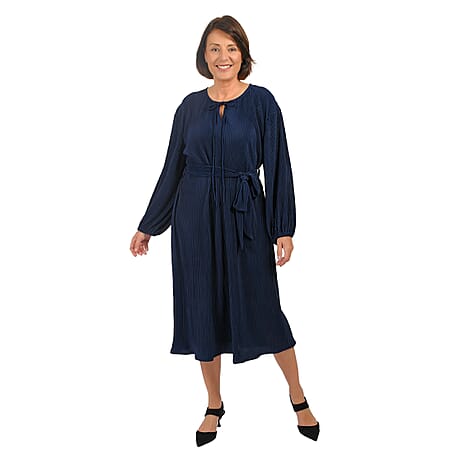 TAMSY Belted Plisse Round Neck Midi Dress with Keyhole & Tie Front Design (One Size, 8-18) - Navy