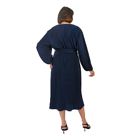 TAMSY Belted Plisse Round Neck Midi Dress with Keyhole - Tie Front Design (One Size, 8-18) - Navy