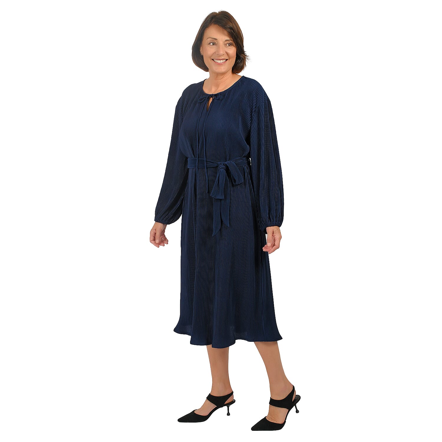 TAMSY Belted Plisse Round Neck Midi Dress with Keyhole & Tie Front Design (One Size, 8-18) - Navy