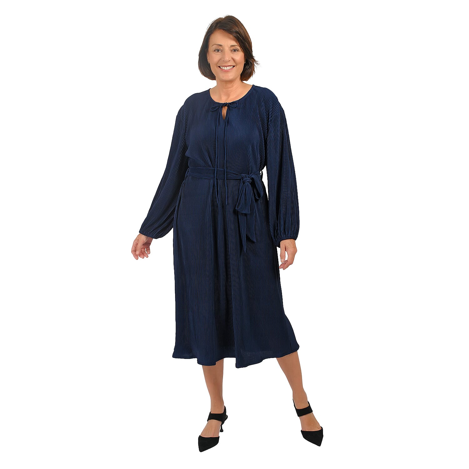 TAMSY Belted Plisse Round Neck Midi Dress with Keyhole & Tie Front Design (Curve Size, 20-26) - Navy