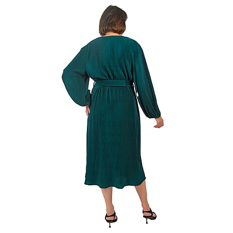 TAMSY Belted Plisse Round Neck Midi Dress with Keyhole & Tie Front Design (One Size, 8-18) - Green