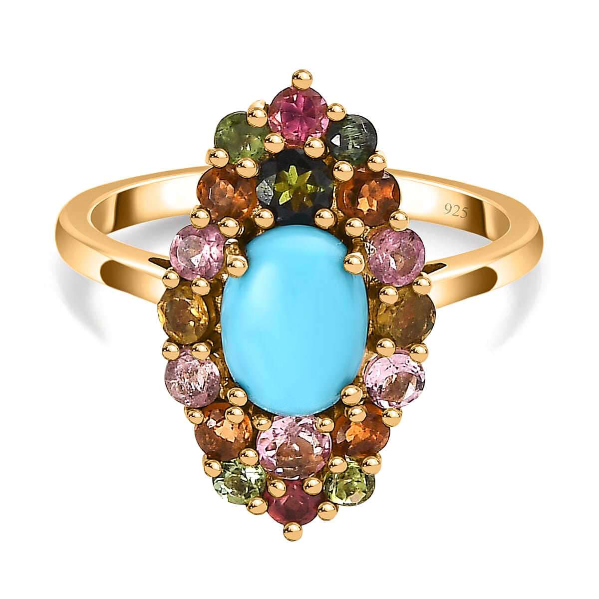 Arizona Sleeping Beauty Turquoise & Multi-Tourmaline Ring in 18K Yellow Gold Vermeil Plated Sterling Silver 2.04 Ct.