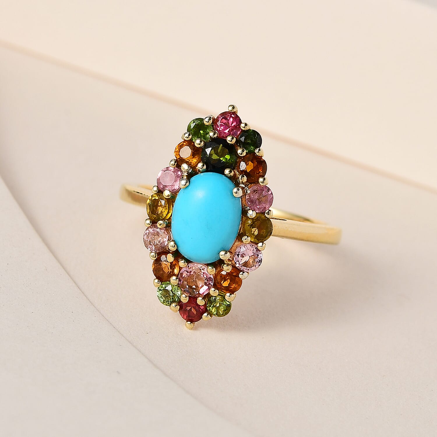 Arizona Sleeping Beauty Turquoise & Multi-Tourmaline Ring in 18K Yellow Gold Vermeil Plated Sterling Silver 2.04 Ct.