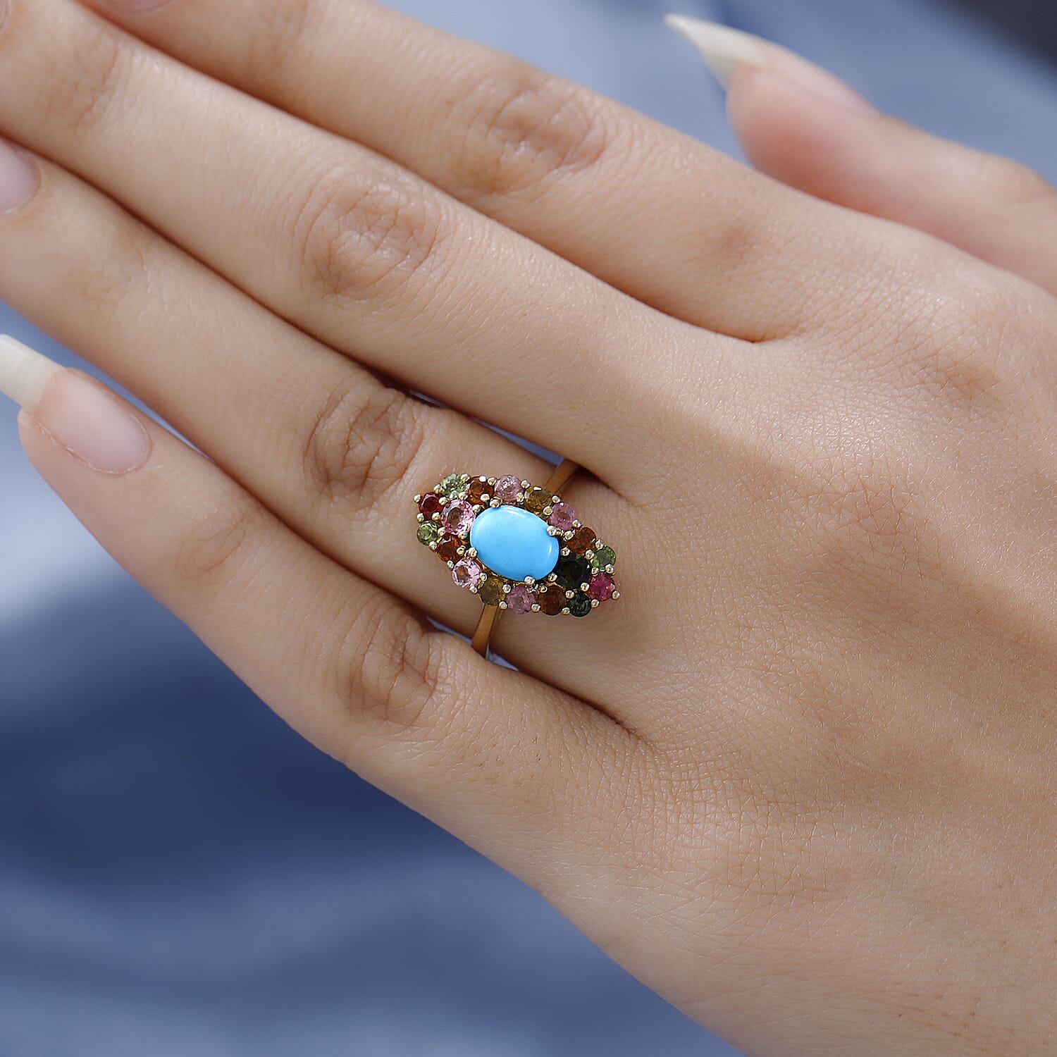 Arizona Sleeping Beauty Turquoise & Multi-Tourmaline Ring in 18K Yellow Gold Vermeil Plated Sterling Silver 2.04 Ct.