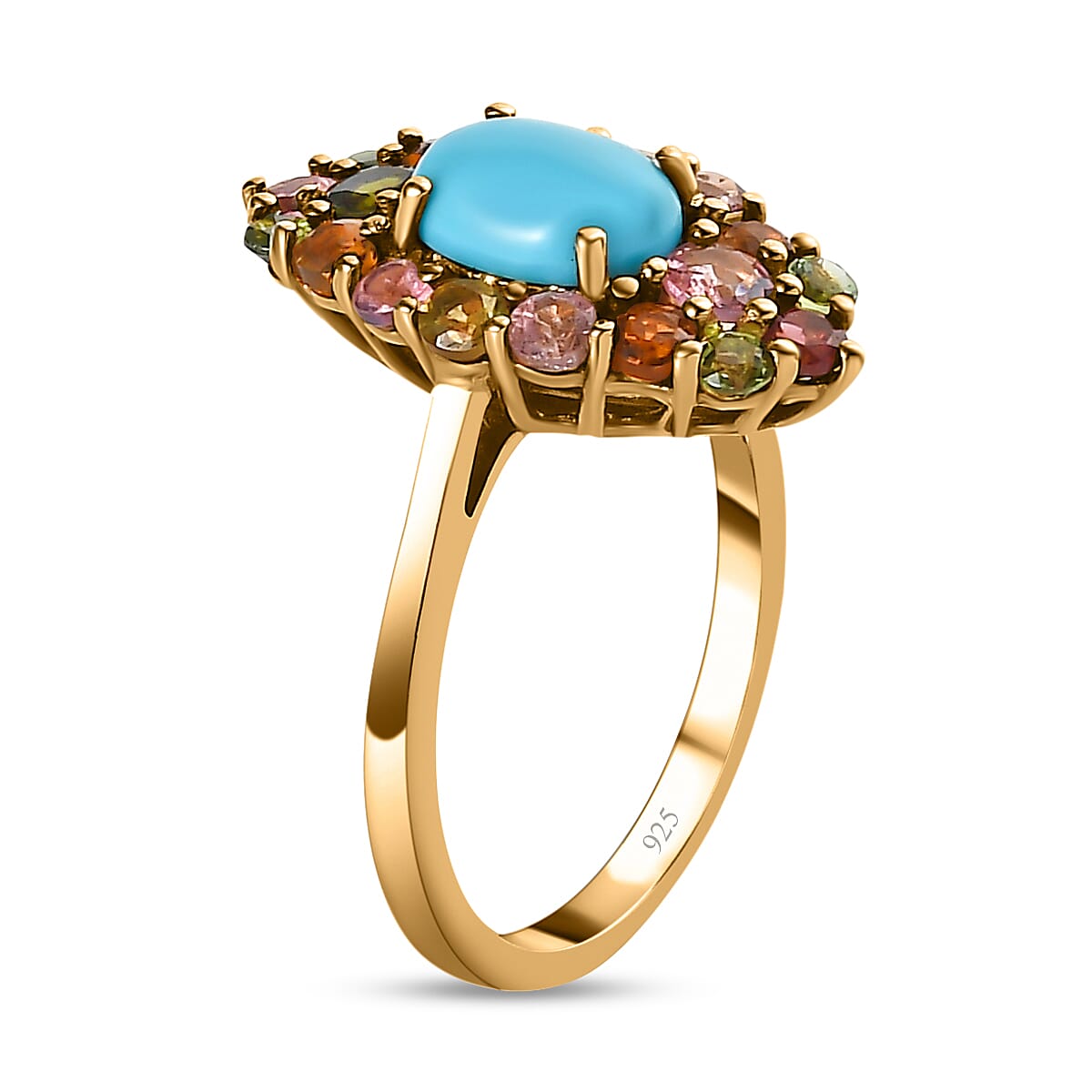 Arizona Sleeping Beauty Turquoise & Multi-Tourmaline Ring in 18K Yellow Gold Vermeil Plated Sterling Silver 2.04 Ct.