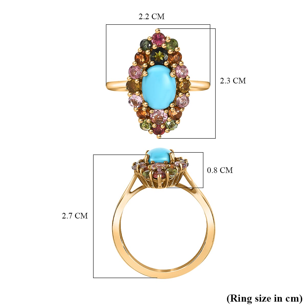 Arizona Sleeping Beauty Turquoise & Multi-Tourmaline Ring in 18K Yellow Gold Vermeil Plated Sterling Silver 2.04 Ct.
