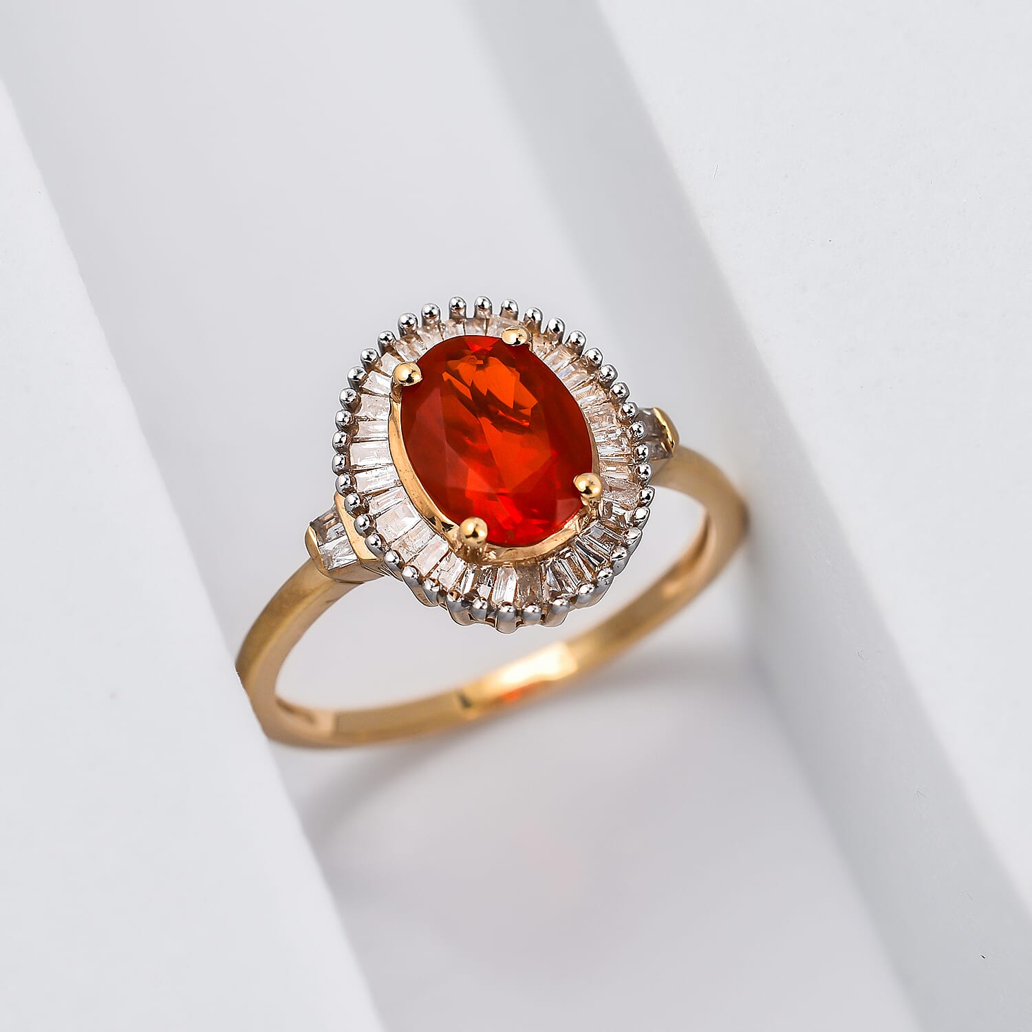 9K Yellow Gold Fire Opal and Diamond Halo Ring 1.18 Ct