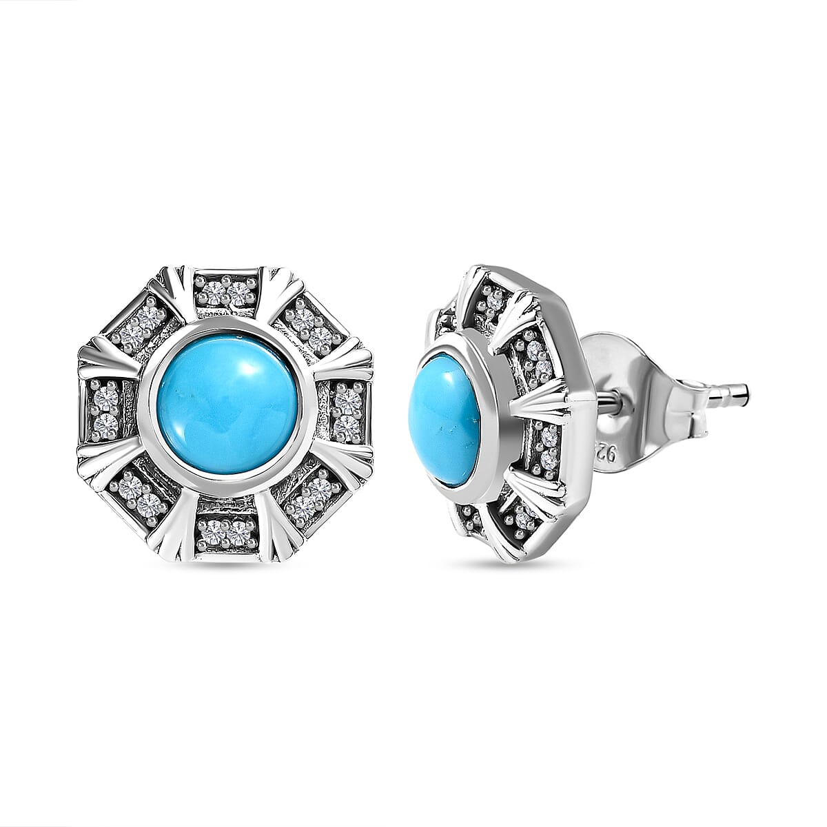 Arizona Sleeping Beauty Turquoise & Natural Zircon Stud Earrings in Platinum Overlay Sterling Silver 1.92 Ct.