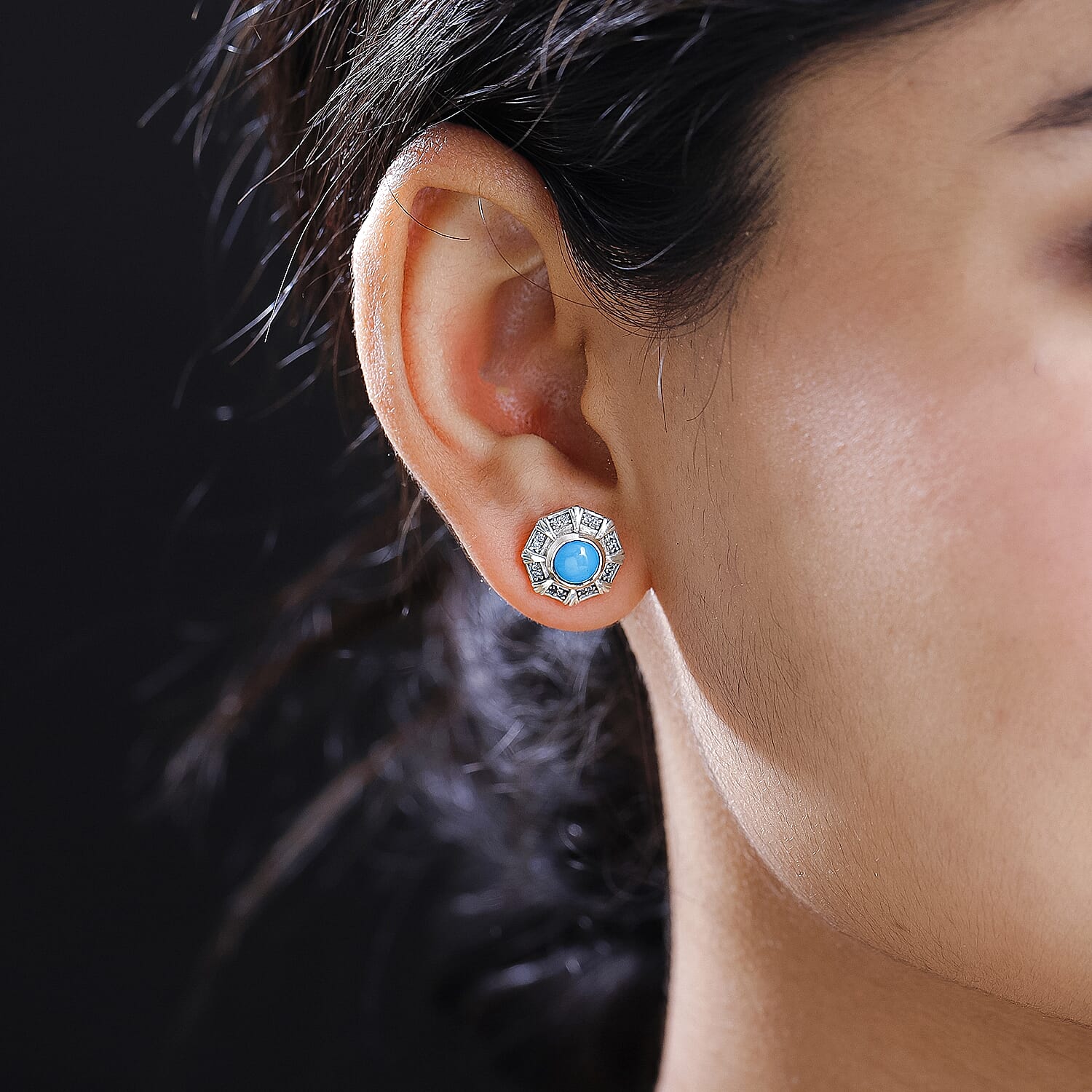 Arizona Sleeping Beauty Turquoise & Natural Zircon Stud Earrings in Platinum Overlay Sterling Silver 1.92 Ct.