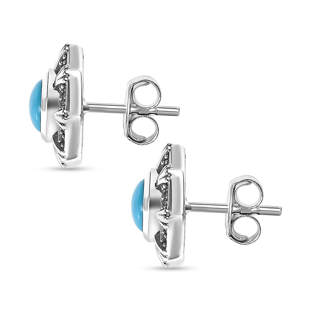 Arizona Sleeping Beauty Turquoise & Natural Zircon Stud Earrings in Platinum Overlay Sterling Silver 1.92 Ct.