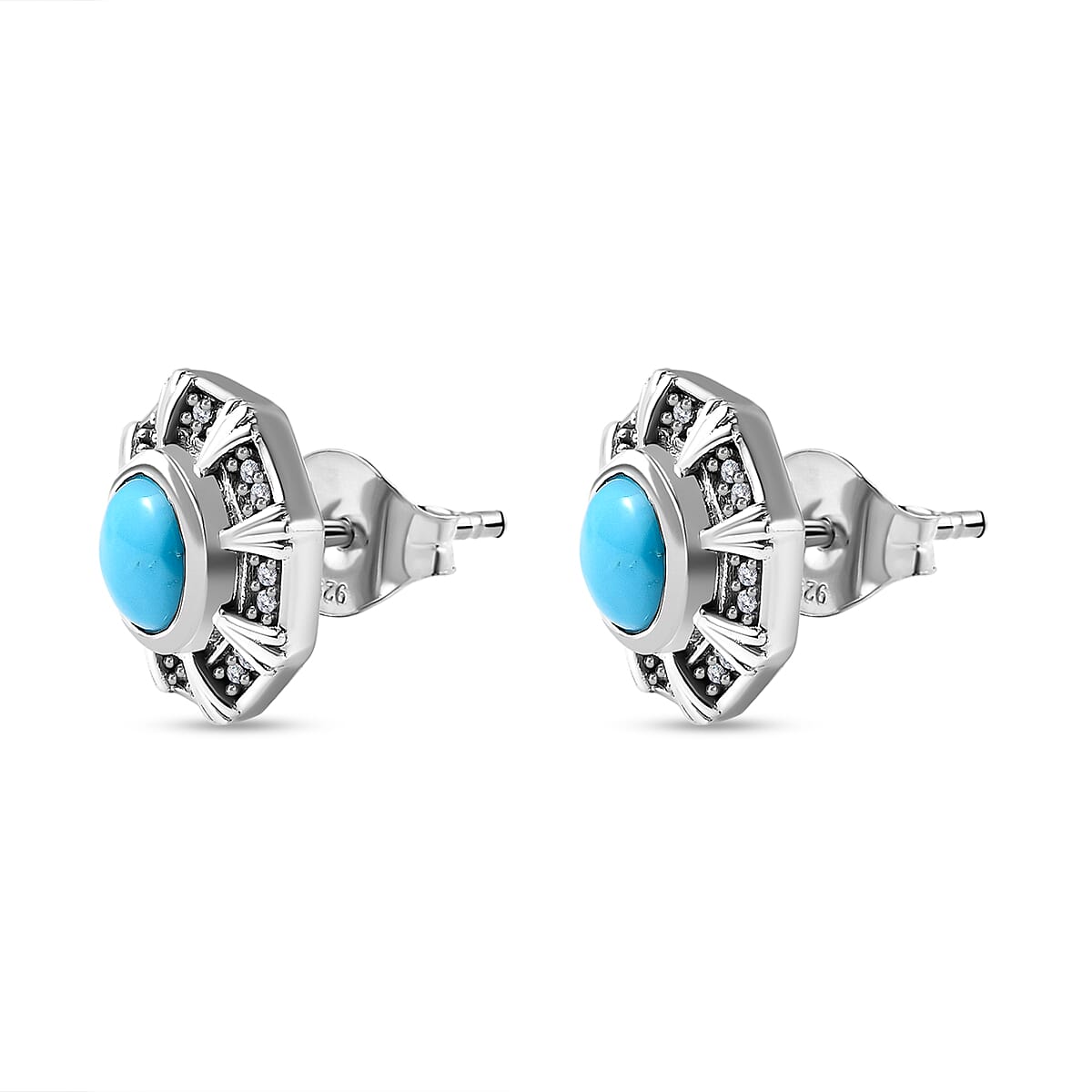 Arizona Sleeping Beauty Turquoise & Natural Zircon Stud Earrings in Platinum Overlay Sterling Silver 1.92 Ct.