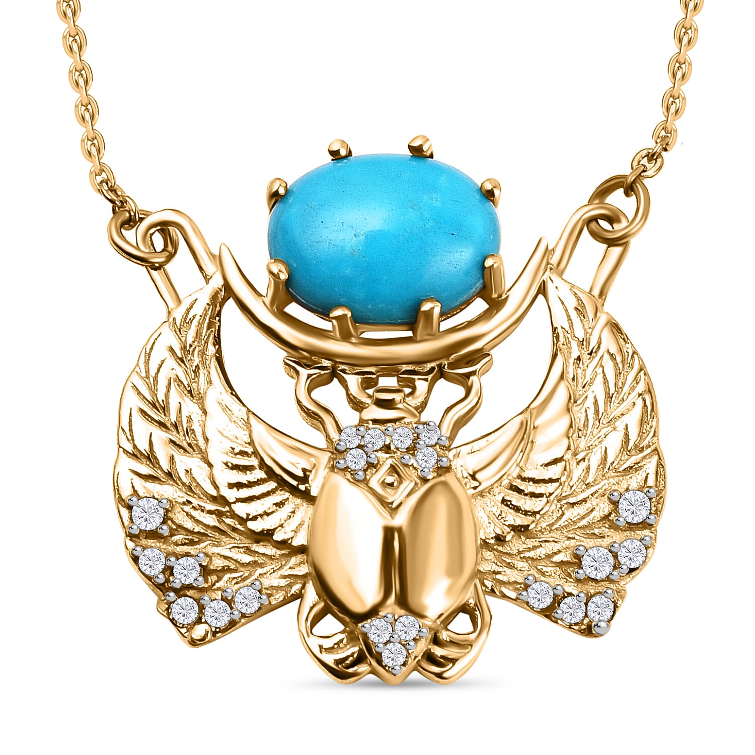 Arizona Sleeping Beauty Turquoise & Natural Zircon Winged Scarab Necklace (Size - 20) in 18K Yellow Gold Vermeil Plated Sterling Silver 1.27 Ct.