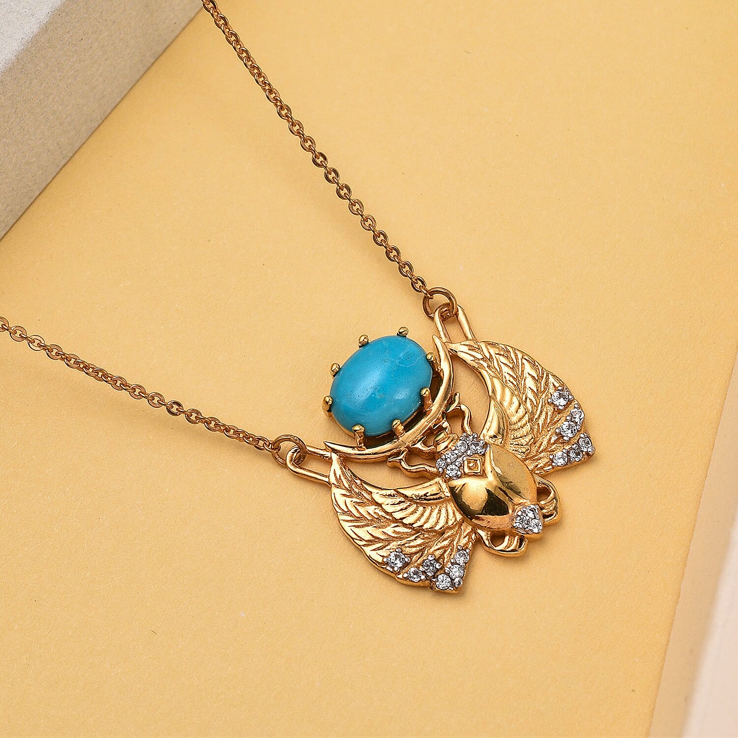 Arizona Sleeping Beauty Turquoise & Natural Zircon Winged Scarab Necklace (Size - 20) in 18K Yellow Gold Vermeil Plated Sterling Silver 1.27 Ct.