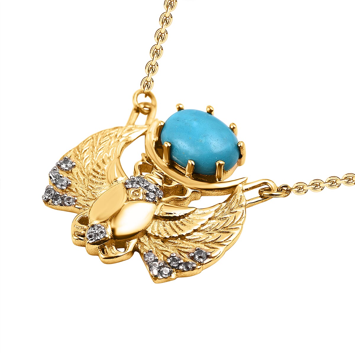 Arizona Sleeping Beauty Turquoise & Natural Zircon Winged Scarab Necklace (Size - 20) in 18K Yellow Gold Vermeil Plated Sterling Silver 1.27 Ct.