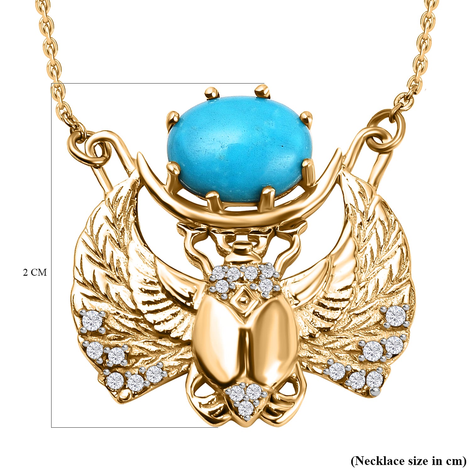 Arizona Sleeping Beauty Turquoise & Natural Zircon Winged Scarab Necklace (Size - 20) in 18K Yellow Gold Vermeil Plated Sterling Silver 1.27 Ct.