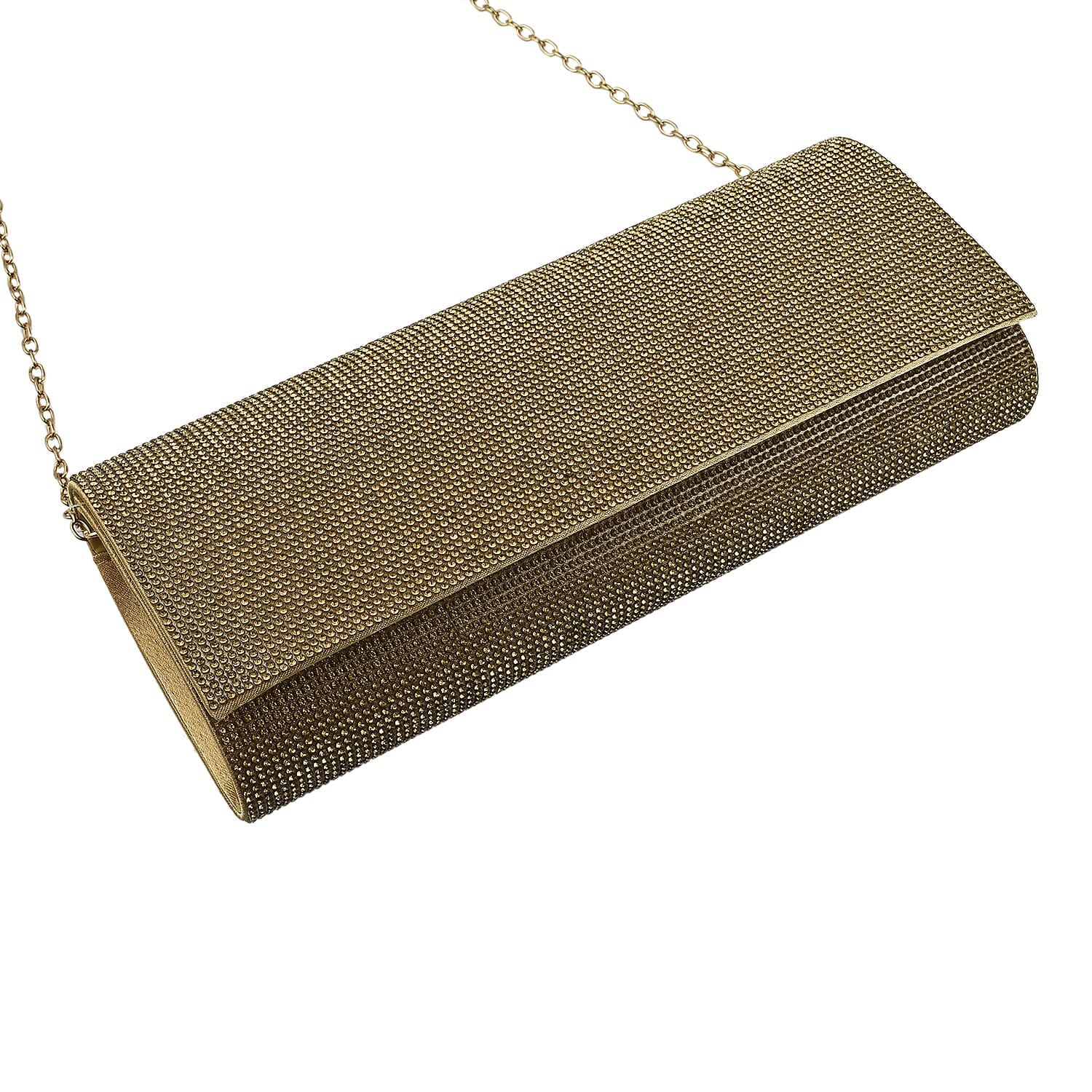 Crystal Clutch Bag with Exterior Pocket - Shoulder Strap - Gold