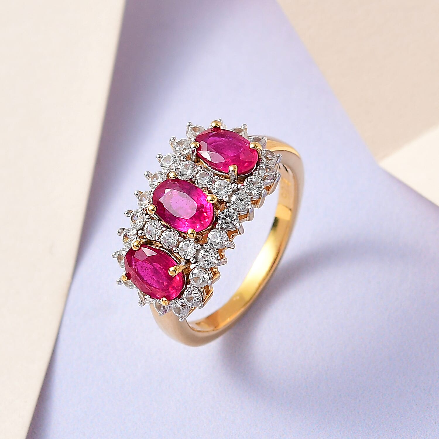 African Ruby & Natural Zircon Ring in 18K Yellow Gold Vermeil Plated Sterling Silver 2.78 Ct.