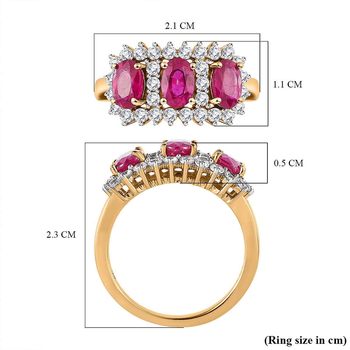 African Ruby & Natural Zircon Ring in 18K Yellow Gold Vermeil Plated Sterling Silver 2.78 Ct.