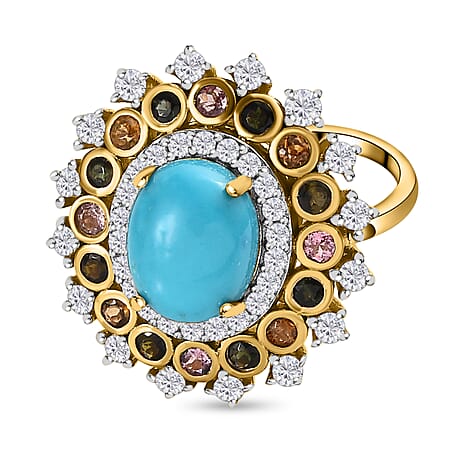 Arizona Sleeping Beauty Turquoise, Multi-Tourmaline & Natural Zircon Cluster Halo Ring in 18K Vermeil Yellow Gold Plated Sterling Silver 4.32 Ct.