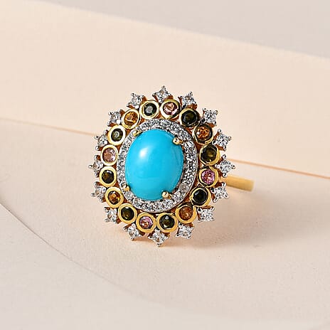 Arizona Sleeping Beauty Turquoise, Multi-Tourmaline & Natural Zircon Cluster Halo Ring in 18K Vermeil Yellow Gold Plated Sterling Silver 4.32 Ct.