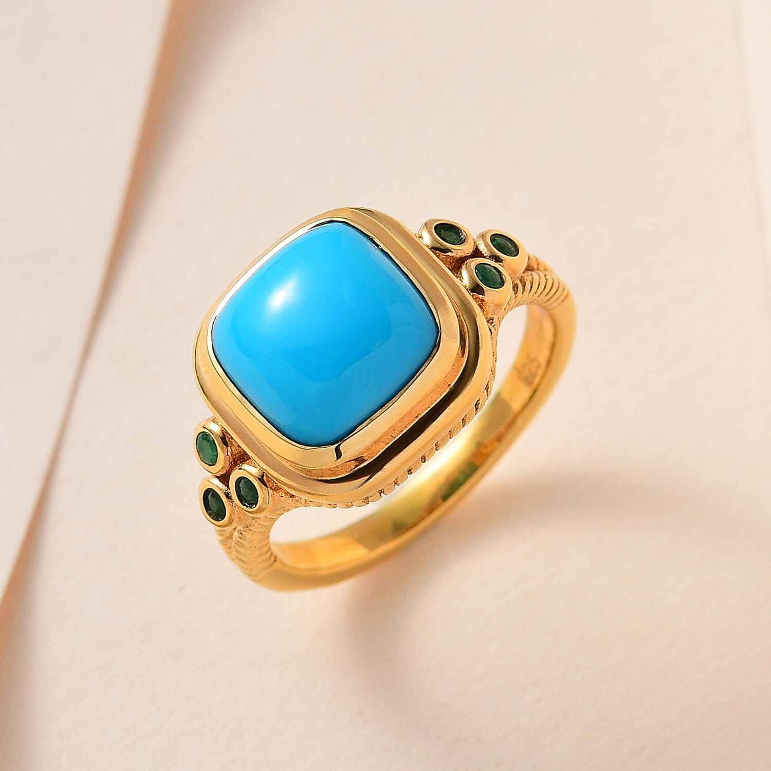 Arizona Sleeping Beauty Turquoise & Zambian Emerald Ring in 18K Yellow Gold Vermeil Plated Sterling Silver 2.94 Ct.