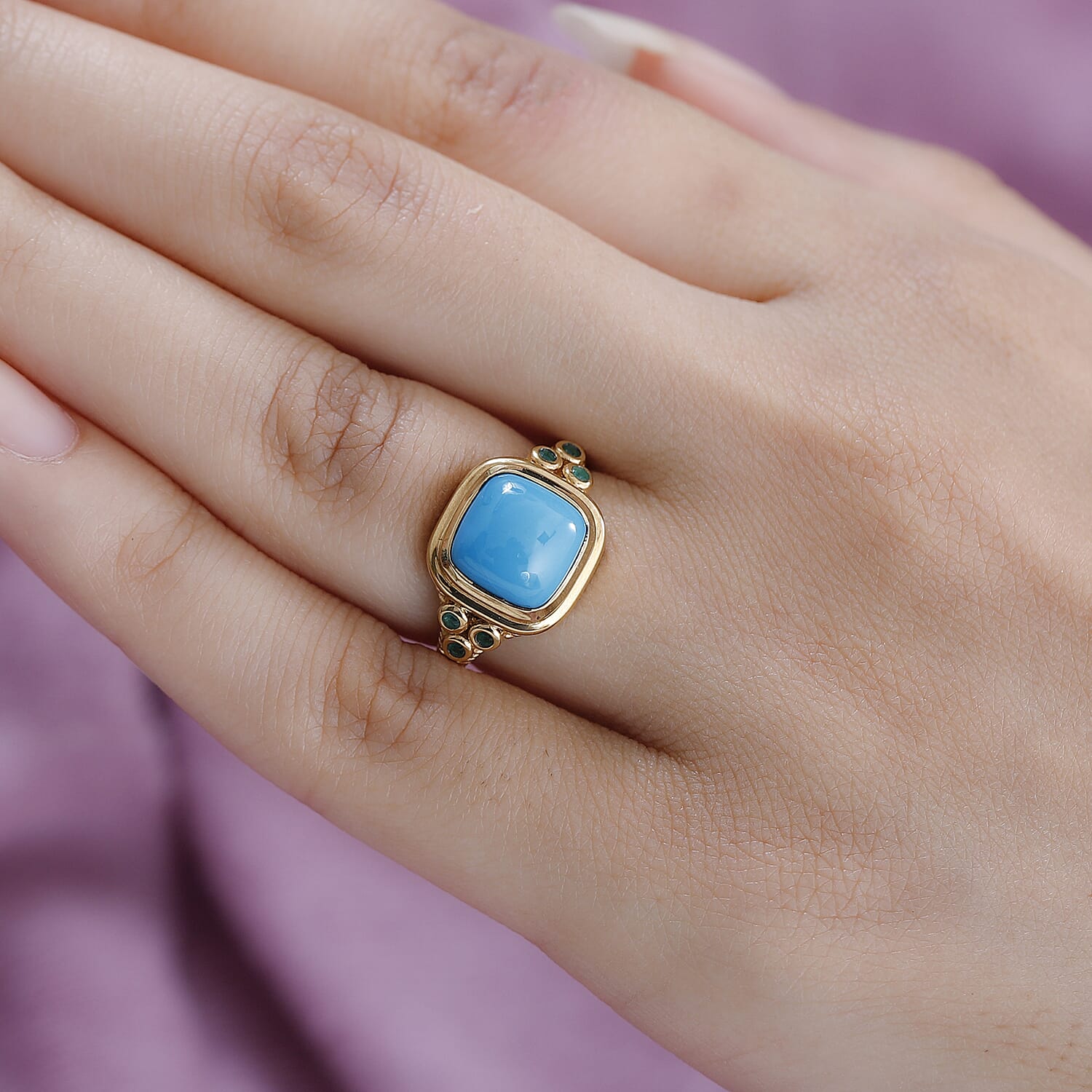 Arizona Sleeping Beauty Turquoise & Zambian Emerald Ring in 18K Yellow Gold Vermeil Plated Sterling Silver 2.94 Ct.