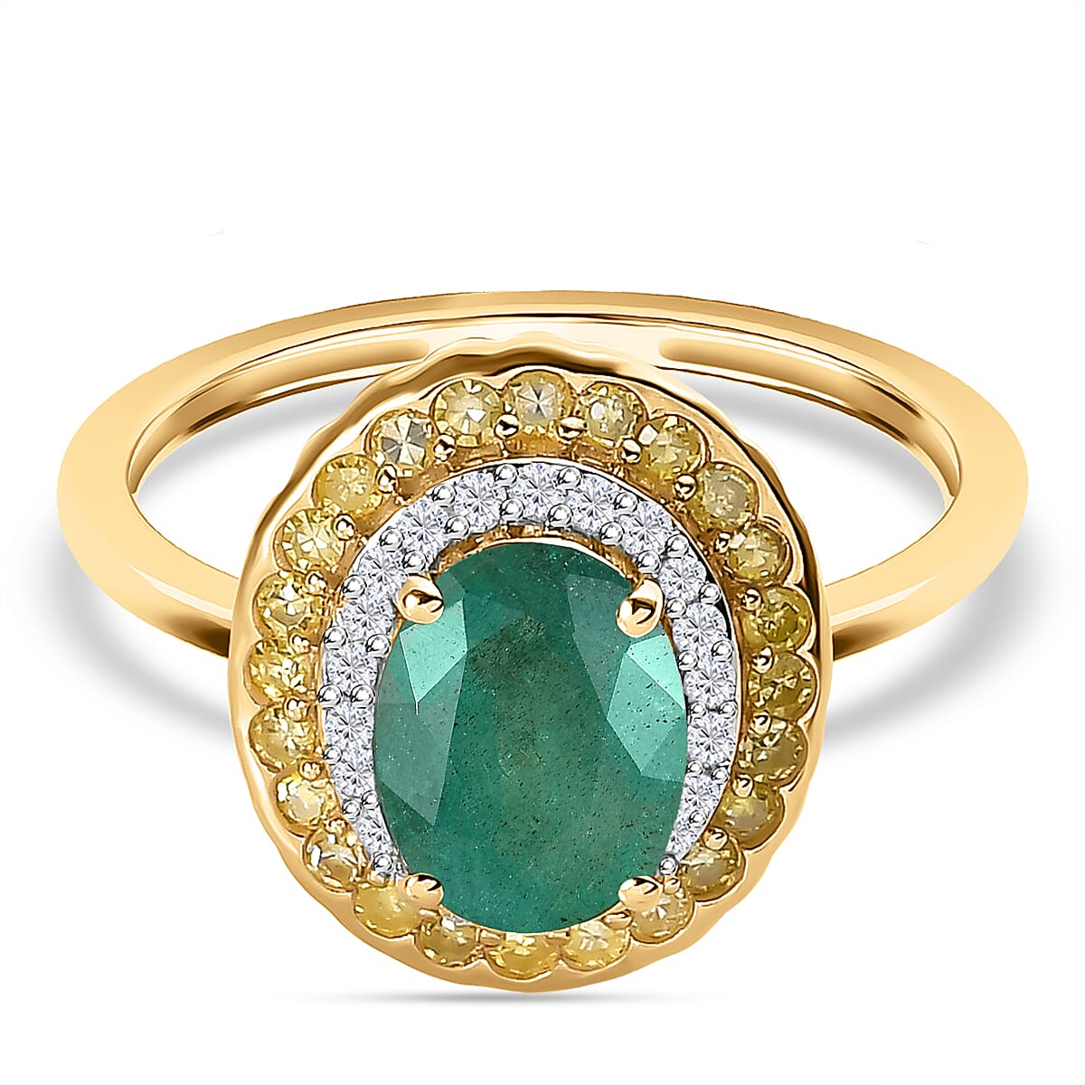 9K Yellow Gold Gemfields Emerald, Natural Yellow & White Diamond Ring 1.57 Ct.