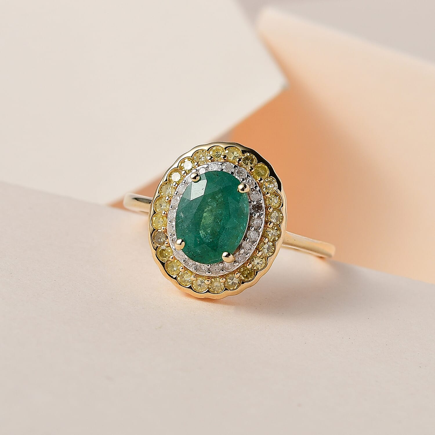 9K Yellow Gold Gemfields Emerald, Natural Yellow & White Diamond Ring 1.57 Ct.