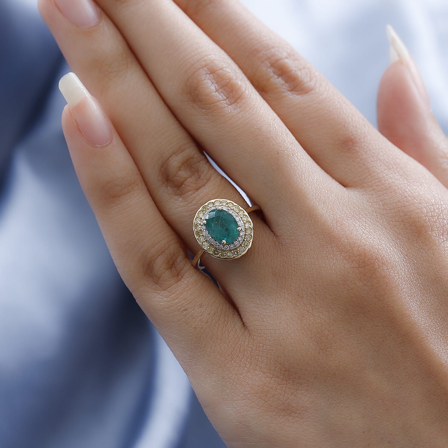 9K Yellow Gold Gemfields Emerald, Natural Yellow & White Diamond Ring 1.57 Ct.