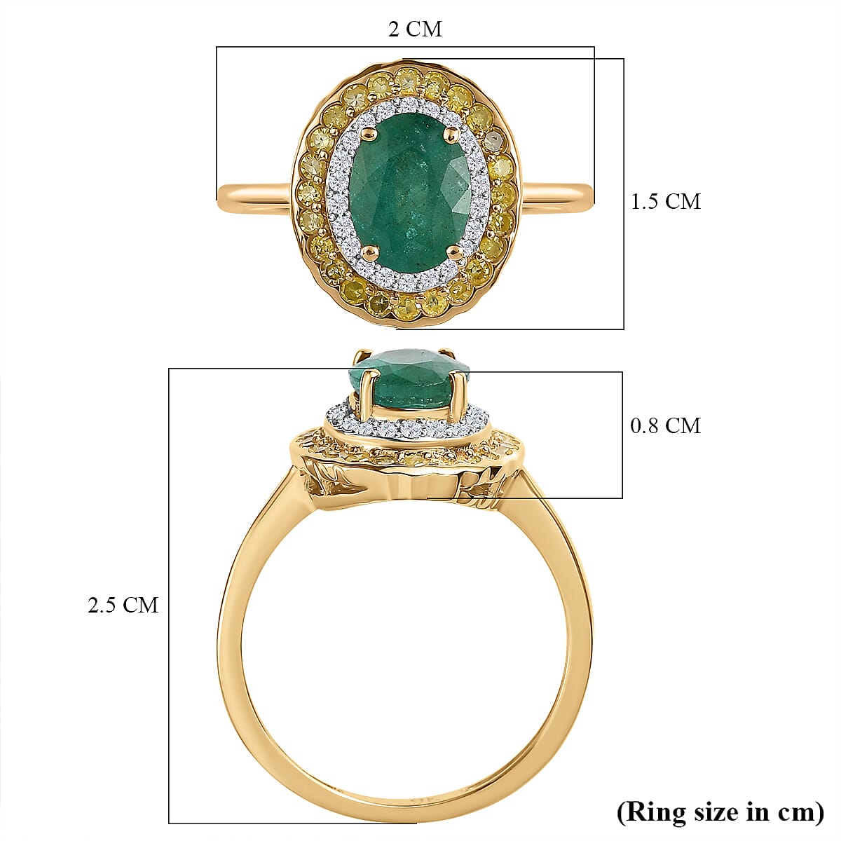 9K Yellow Gold Gemfields Emerald, Natural Yellow & White Diamond Ring 1.57 Ct.