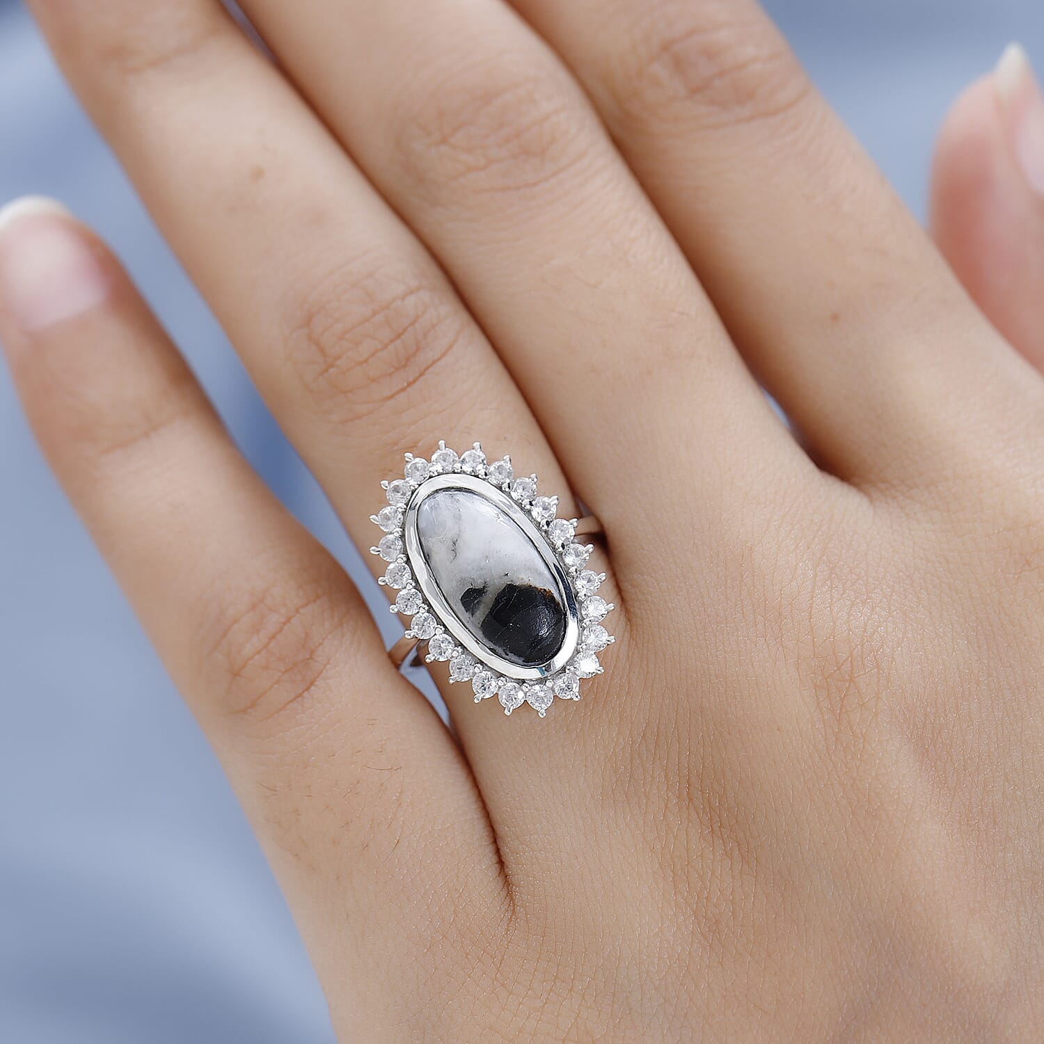 White Buffalo and Natural Zircon Ring in Platinum Overlay Sterling Silver 6.09 Ct