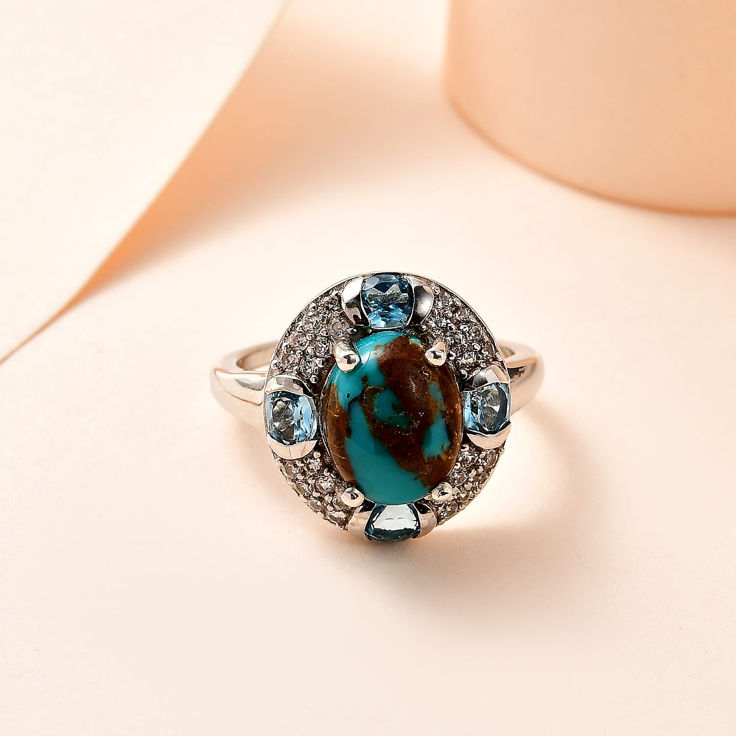Sierra Nevada Turquoise, Swiss Blue Topaz and Natural Zircon Ring in Platinum Overlay Sterling Silver 3.90 Ct.